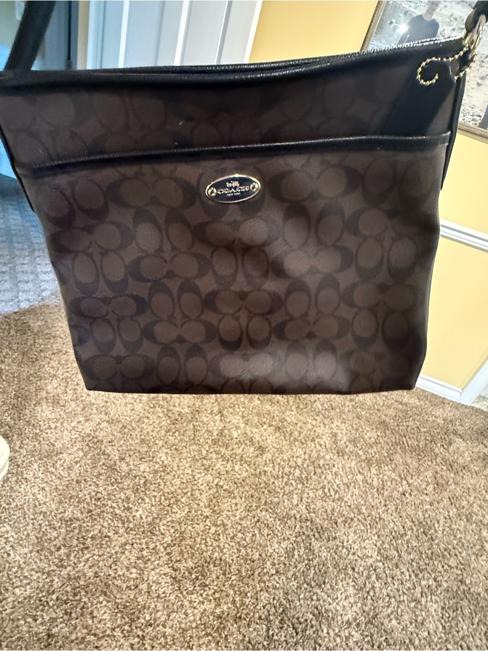 Coach Men’s Dark Brown Signature Messenger Bag with Gold Hardware